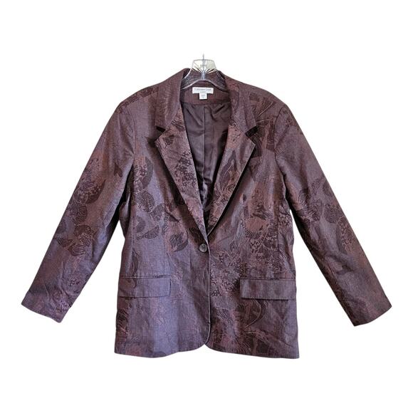COLDWATER CREEK 14 16 Blazer Jacket Linen Blend Brown Floral 1 Button Lined 42" - Picture 1 of 8